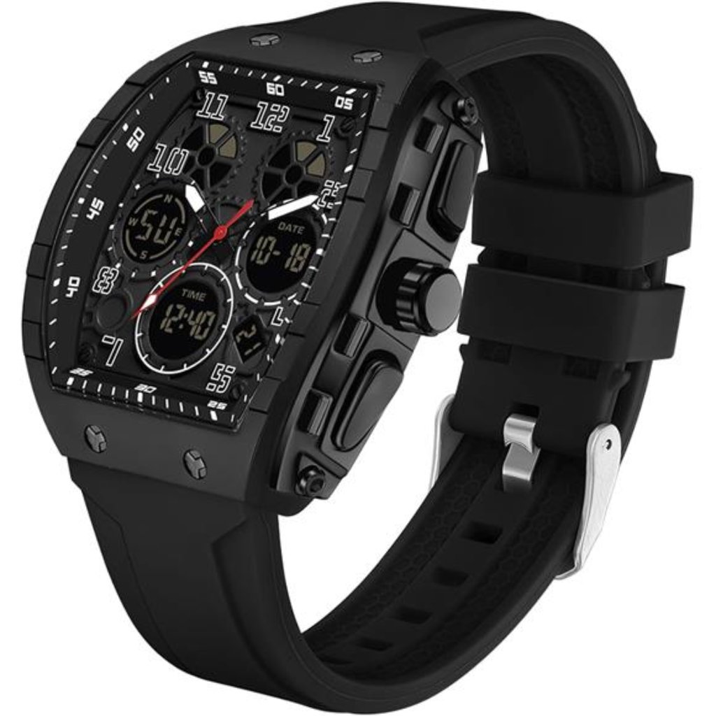 Mens Rectangular Watch With Digital Analog Dual Time Display Square Dial